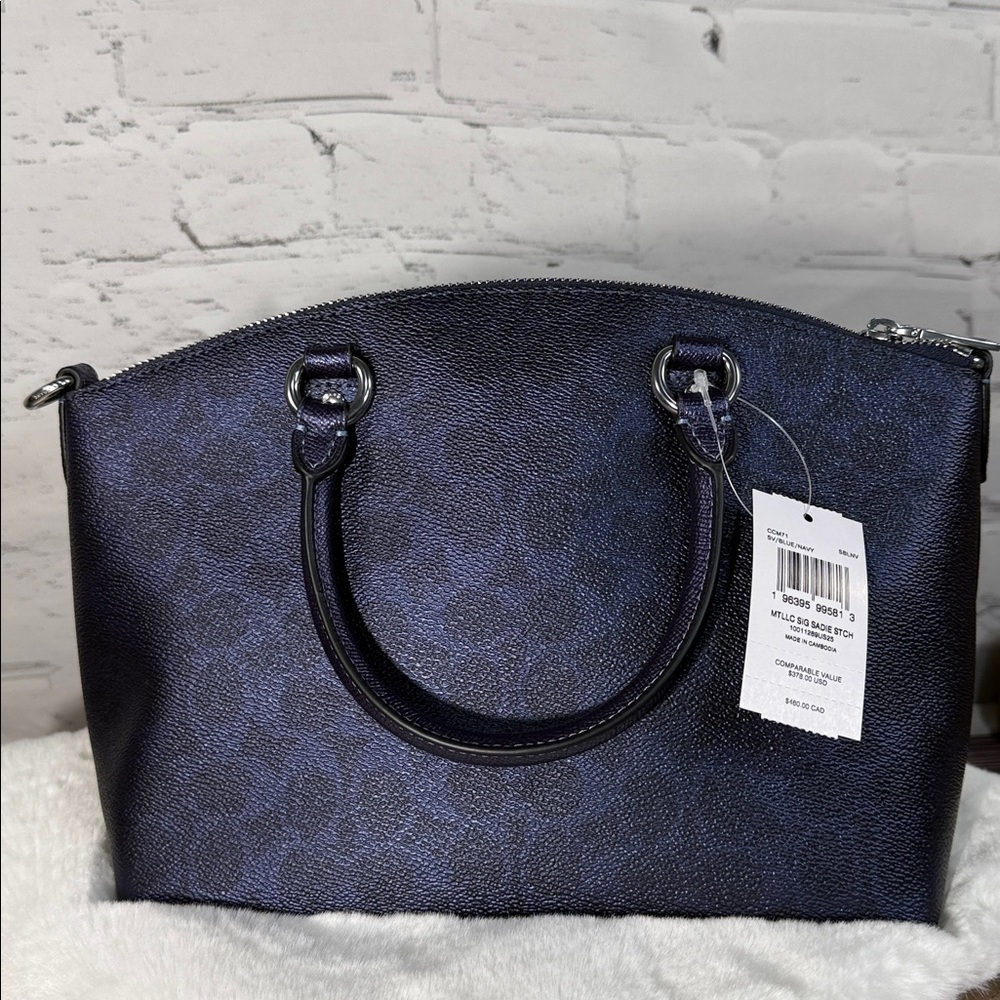 NWT COACH Navy Dark Blue logo print Sadie Satchel, Wristlet, Dust bag BUNDLE. - Picture 3 of 16